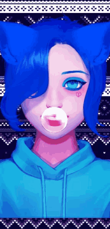 a girl with blue hair and cat ears blowing a bubble
