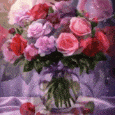 a painting of a vase filled with pink and purple roses
