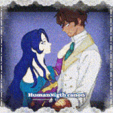 a man and a woman are standing next to each other and the words human night canon are on the bottom of the picture