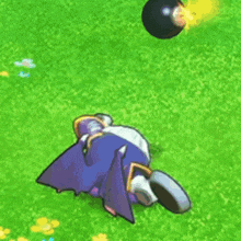 a cartoon character is standing in the grass with a glowing object in the background .