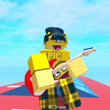 a cartoon character holding a guitar and wearing a yellow shirt that says epic