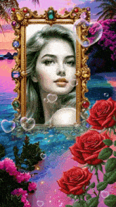 a picture of a woman in a frame with roses