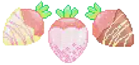 a pixel art of three strawberries with the word picmix written on the bottom