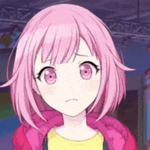 a close up of a girl with pink hair and pink eyes making a sad face .