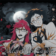 a couple of anime characters standing next to each other with the words othegrell 's candle