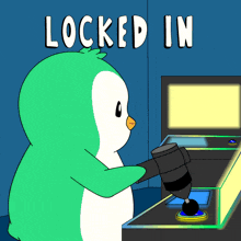 a cartoon of a penguin playing an arcade game with the words locked in behind him