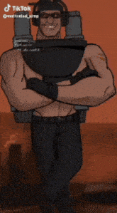 a cartoon of a man with his arms crossed and a jetpack on his back