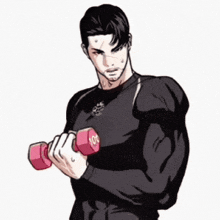 a man in a black shirt is holding a pink dumbbell .