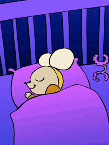 a cartoon mouse is sleeping in a crib with a purple blanket