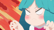 a girl with blue hair is making an angry face with her hands
