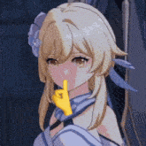 a blonde anime girl with a yellow finger on her lips