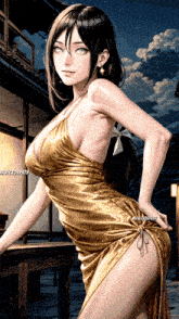 a woman in a gold dress is standing in front of a building with a watermark that says ardestorpath
