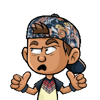 a cartoon of a boy wearing a floral hat and giving a thumbs up