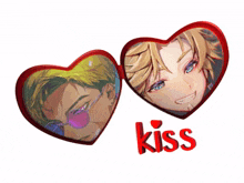 two hearts with a picture of a man and the word kiss on the bottom