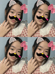 a girl with a mustache and a bow on her hair