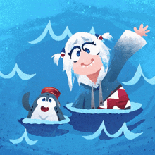 a cartoon of a girl and a shark in the ocean