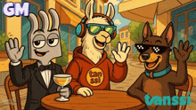 a cartoon of three llamas and a dog sitting at a table with gm written on the bottom