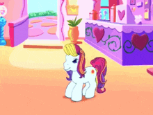 a cartoon pony is standing in front of a purple counter with hearts on it