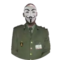 a man in a military uniform is wearing a white anonymous mask