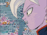 a close up of a cartoon character 's face with a crowd of people in the background