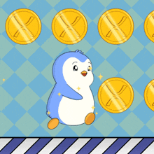 a cartoon penguin is surrounded by gold coins with x 's on them