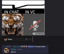 a picture of a tiger with the words in chat in vc on it