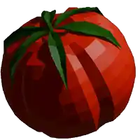 a low poly tomato with a green stem and leaves