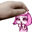 a pixel art of a girl with pink hair petting a dog 's head .