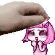 a pixel art of a girl with pink hair petting a dog 's head .