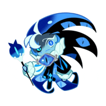 a blue and black cartoon character is holding a wand and wearing glasses .
