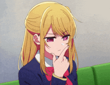 a girl with blonde hair and red eyes is making a funny face