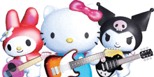 hello kitty my melody and kuromi are playing guitars in a band