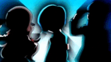 three people are standing in a dark room with a blue light behind them