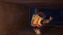 buzz lightyear from toy story is standing in a dark room