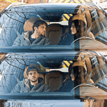 a man and a woman are sitting in a car and looking at each other