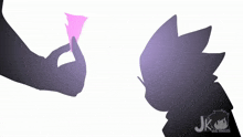 a silhouette of a person holding a pink object and a silhouette of a person holding a purple object