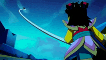 a cartoon character is holding a sword in front of a blue background