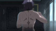 a naked man with purple hair is standing in a dark room
