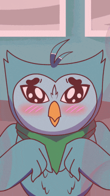 a cartoon drawing of a blue owl with a green scarf around its neck
