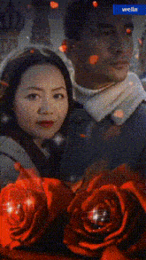 a man and a woman are surrounded by red roses and the word wella is on the bottom