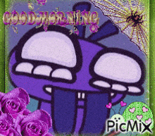a picture of a purple mushroom with the words good morning written on it