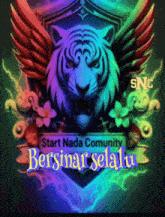 a colorful emblem with a tiger and the words " start nada community bersinar selalu "