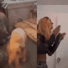 a woman is standing next to a dog in a room and a woman is standing next to a door .