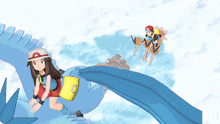 a girl in a red hat is flying on a blue pokemon