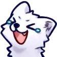 a cartoon drawing of a white cat laughing with its mouth open and blue eyes .
