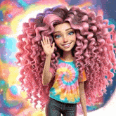 a cartoon girl with long curly pink hair is wearing a tie dye shirt and waving .