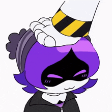 a cartoon character with purple hair is being patted on the head by a hand wearing a yellow and black hat .