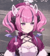 a girl with pink hair and purple eyes is wearing a purple outfit and a hat .