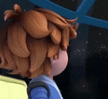 a close up of a cartoon character with red hair and a backpack looking out a window .