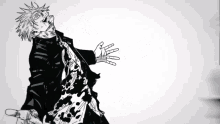 a black and white drawing of a man with blood on his shirt